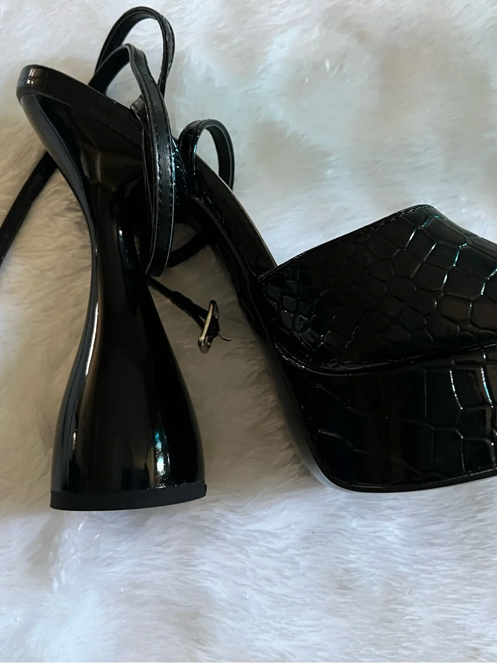Patent Black Croc-Embossed Platform Heels with Sculpted Flared Heel